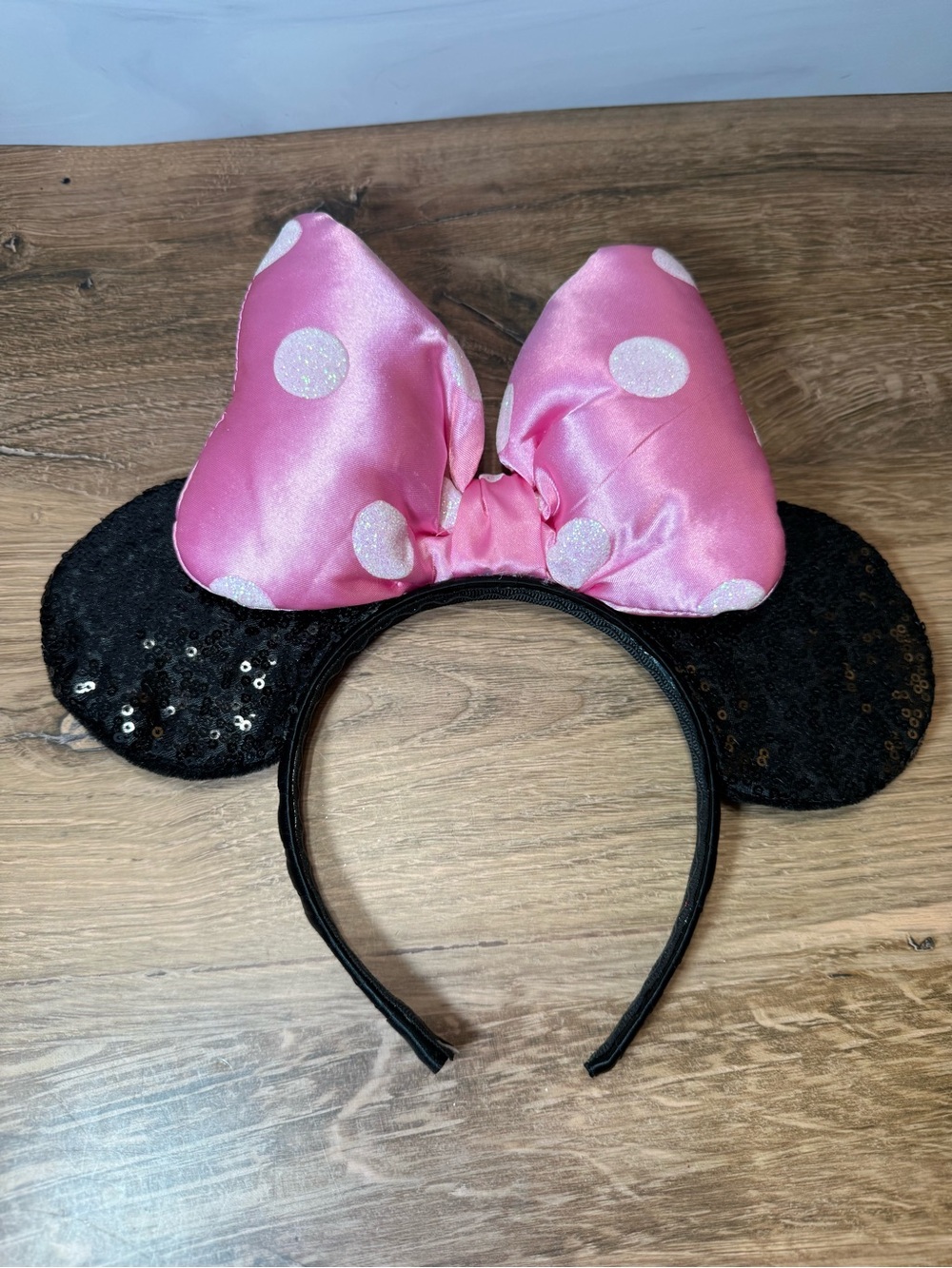 Disney Parks Minnie Mouse Ears Headband Pink Polka Dot Bow Black Sequin